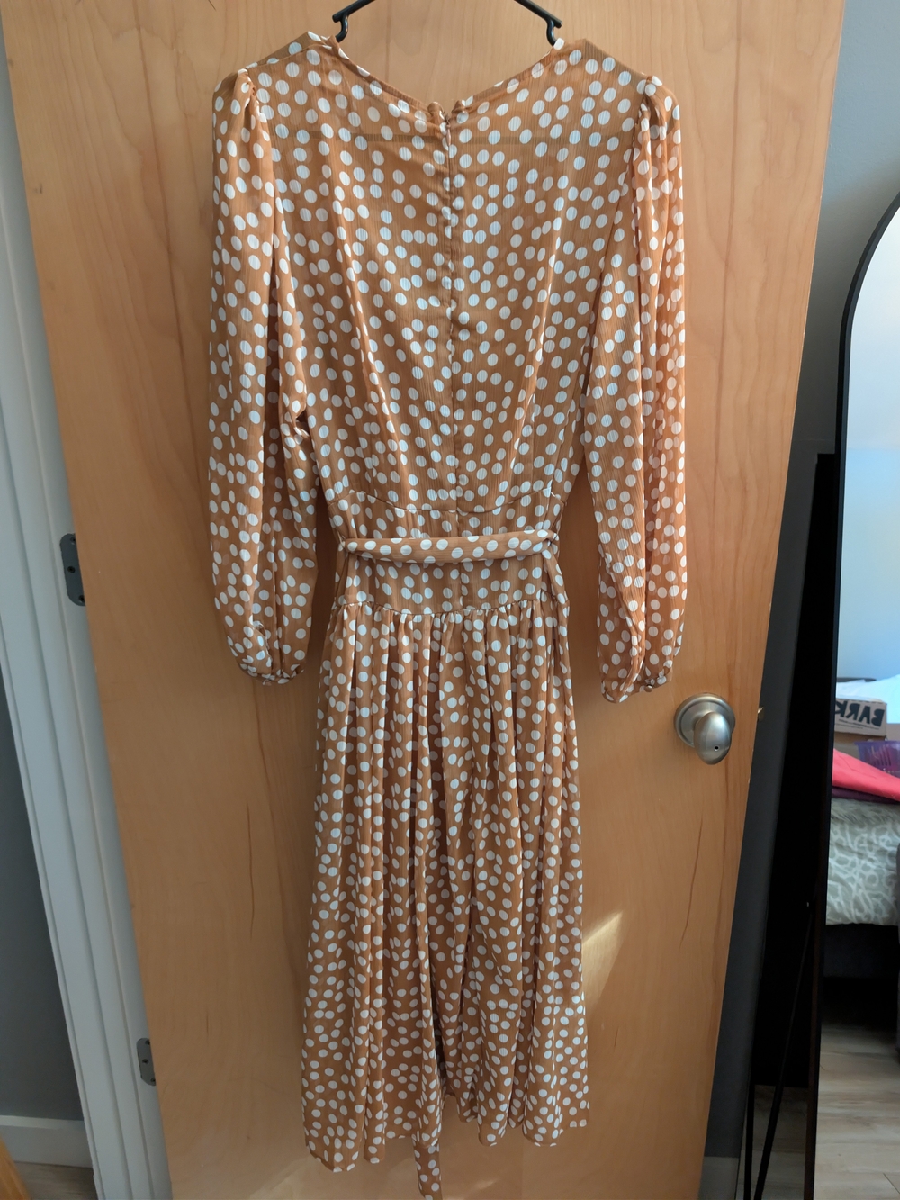 Calvin Klein Tan & White Polka Dot Wrap Midi Dress - Picture 3 of 3